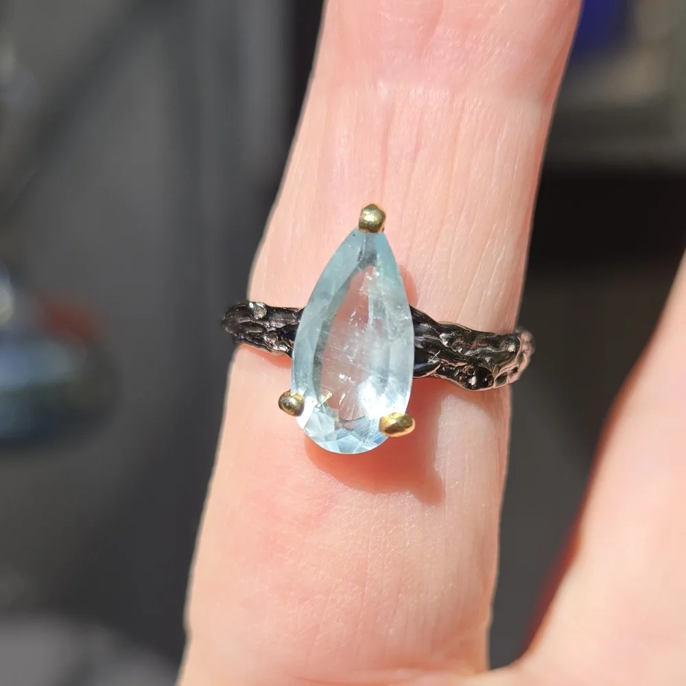 Aquamarine Pearcut Natural 6k Gemstone Syerling Rhodium & Gold Ring Sz7.5 - Picture 3 of 7